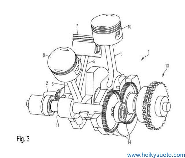 Một hình ảnh hiếm hoi được công bố trong bằng sáng chế của Honda dành cho mẫu động cơ 3 kì mới, tiết lộ thiết kế động cơ mới này sẽ có 3 xi-lanh